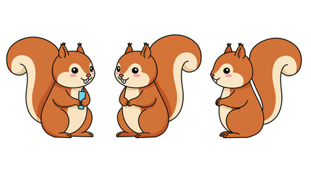Fototapeta premium Cute cartoon squirrel character in three frames with flat design vector art