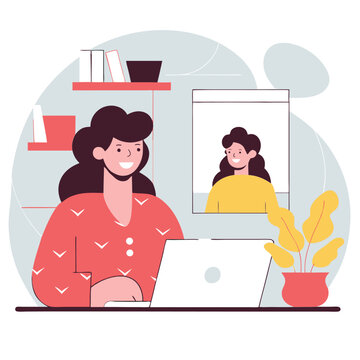 A woman of mixed ethnicity sits at a desk working on a laptop, surrounded by plants in a cartoon-style illustration.