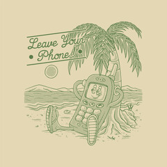 old hand phone sitting on the beach retro cartoon mascot