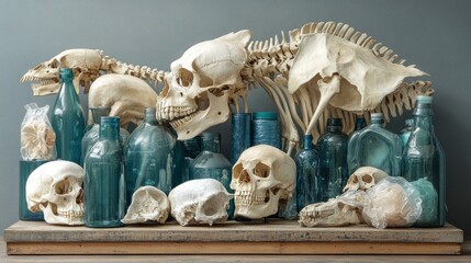 Animal remains and vintage bottles create a captivating still life composition