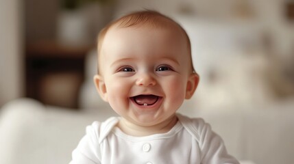 Adorable baby girl with a toothy smile, showcasing early dental development