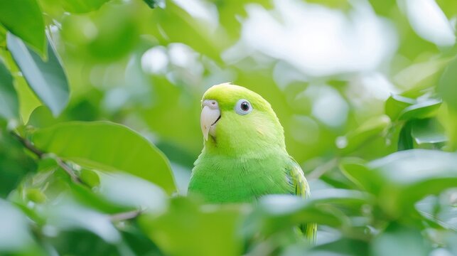 Small green parrotlet perched among lush green leaves in bright daytime light.