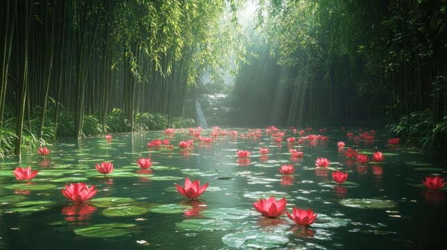Serene lotus pond amidst bamboo forest with waterfall