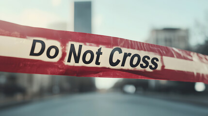 Barrier tape with the words "Do Not Cross" strung up along the edge of a road with city buildings in the background. Implying crime scene, construction, or hazard.