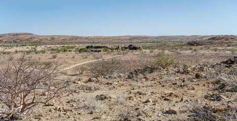 park buildings at Petrified Forest site in desert countryside, near Khorixas, Namibia