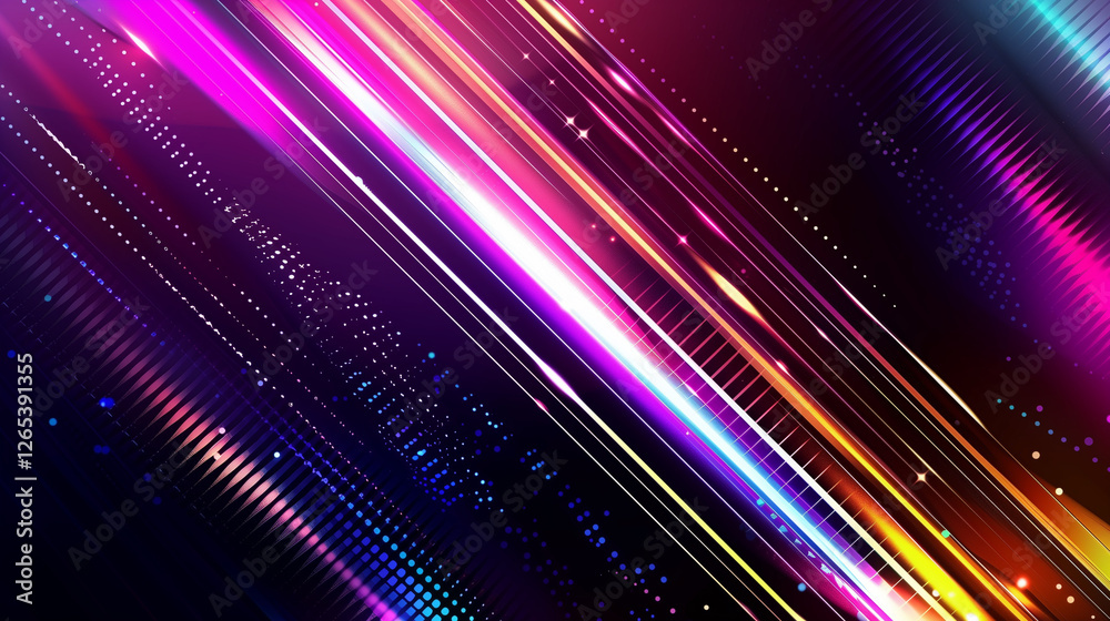 Poster A Vibrant Vector Background for Event Design. Dynamic Gradient Lines in Pink, Purple, and Blue on a Dark Backdrop. Abstract, Futuristic, and Glowing Line Pattern with Copy Space. Modern Technology Vec