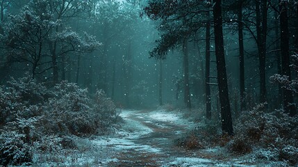 Obraz premium Snowy forest path, winter wonderland, snowfall, tranquil scene, nature photography