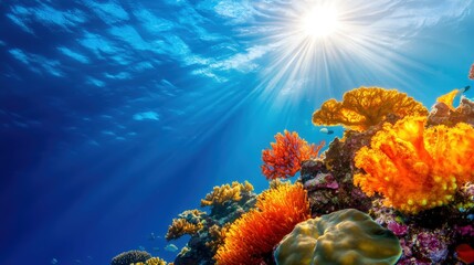 Naklejka premium A vibrant underwater scene showcasing colorful coral reefs illuminated by sunlight. This serene marine landscape reflects the beauty of ocean life teeming with diverse species.