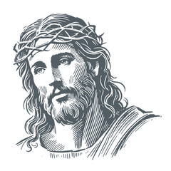 Jesus Portrait. Black and white vintage woodcut detailed engraving style vector illustration.