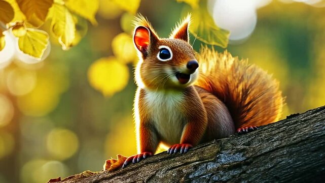 Playful squirrel on autumn branch, sunlight bokeh
