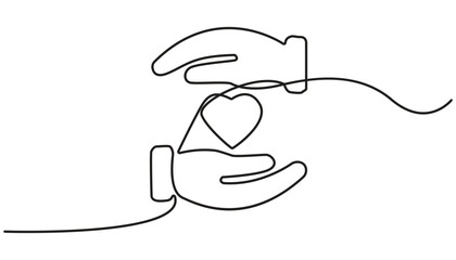 One continuous single line drawing of hand give love isolated on white background minimalism design, One continuous line drawing of hand holding heart. Support concept.