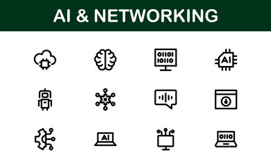 AI and Networking Icons. High-Quality Vector Illustrations for Machine Learning, Cloud Networking, Data Security, and UI/UX Design Solutions