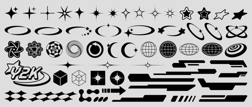 Collection of Y2K elements, including futuristic shapes, stars, globes, cyber typography, and abstract geometric symbols. Perfect for retro-futuristic banners, ads, stickers, posters, and logos.