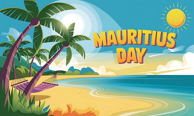 Fototapeta premium Mauritius Day - Sunset Beach Paradise. Mauritius Day Poster, Mauritius Day Banner, Mauritius Day Post, Mauritius Day Story. 