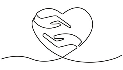 One continuous single line drawing of hand give love isolated on white background minimalism design, One continuous line drawing of hand holding heart. Support concept.