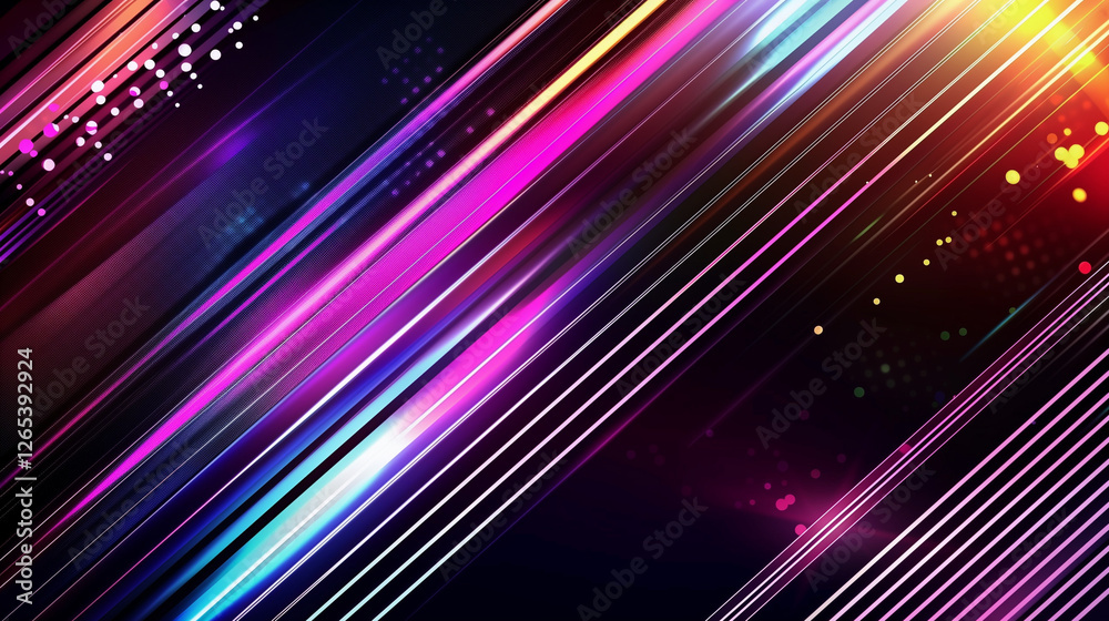 Poster A Vibrant Vector Background for Event Design. Dynamic Gradient Lines in Pink, Purple, and Blue on a Dark Backdrop. Abstract, Futuristic, and Glowing Line Pattern with Copy Space. Modern Technology Vec