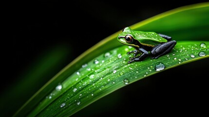 A vibrant green frog perched on a lush, dew-kissed leaf, showcasing nature's beauty and the intricate details of its skin
