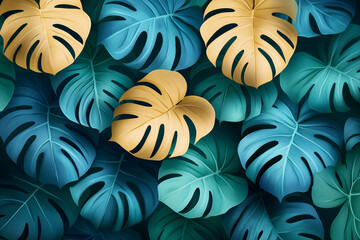 seamless pattern of turquoise and beige tropical leaves creates vibrant and lively atmosphere, perfect for adding touch of nature to any design
