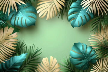 seamless pattern of turquoise and beige leaves on green background creates vibrant and tropical atmosphere, perfect for design projects