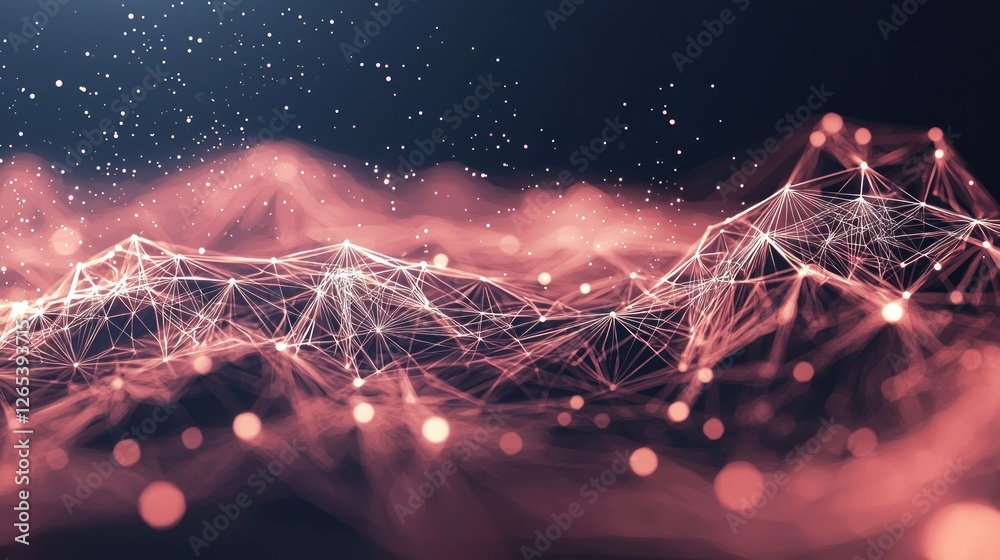 Poster abstract network visualization: interconnected nodes and luminescent pathways