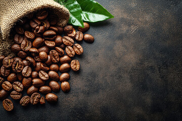 Obraz premium Rustic arrangement of coffee beans spilling from burlap sack onto textured brown backdrop with green leaves.