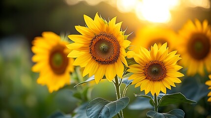 Sunflowers Blooming in Field with Bokeh Sunlight; For summer themes and agricultural use