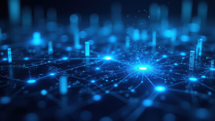 Obraz premium A digital representation of a network with vibrant blue nodes connected by lines, emphasizing the concept of cybersecurity and internet safety.