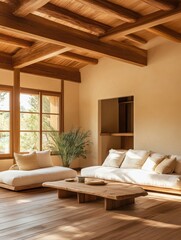 Living room featuring natural wood elements and neutral tones