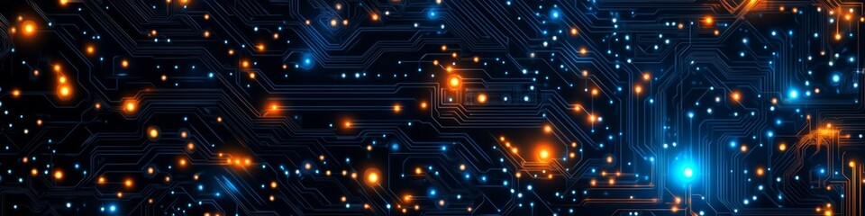 Fototapeta premium Futuristic Circuit Board, Blue and Orange Glowing Lines, Intricate Patterns on Dark Background