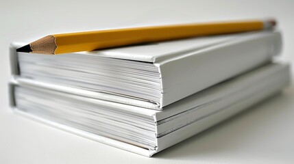 Two Blank White Textbooks Neatly Stacked with a Yellow Pencil, Back to School, Minimalist