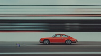 Red classic car speeding on track, blurred background