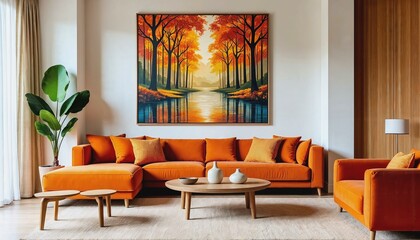 Fototapeta premium Cozy living space with warm orange accents and nature-inspired artwork