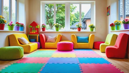 Colorful children's playroom with vibrant mats and cozy seating for fun and creativity