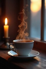 Cup of hot tea with steam rising and lit candle, warm glow, window scene