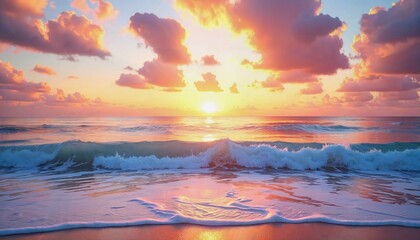 Obraz premium Dreamy ocean view at sunset with gentle waves and warm colors