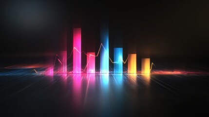 Abstract financial chart with line graph and color columns in dark background