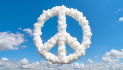 Obraz premium Fluffy clouds creating a peace sign in bright blue sky, unity symbol