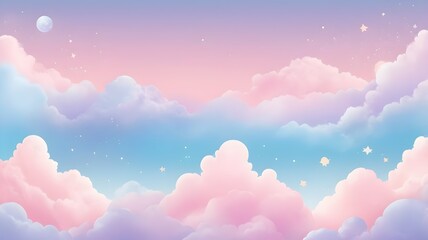 A dreamy, pastel-colored sky with fluffy clouds in shades of pink, blue, and purple, dotted with sparkling stars.	