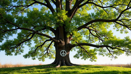 Obraz premium Serene tree with peace sign in calm meadow, symbolizing peace