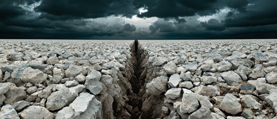 A desolate landscape with a deep trench in the middle