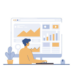 A businessman focused on analyzing data on a computer screen, surrounded by plants. This illustration uses a modern, flat design style.