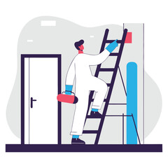 A man of European descent is painting a wall while standing on a ladder, showcasing a home improvement scene in a modern interior design.