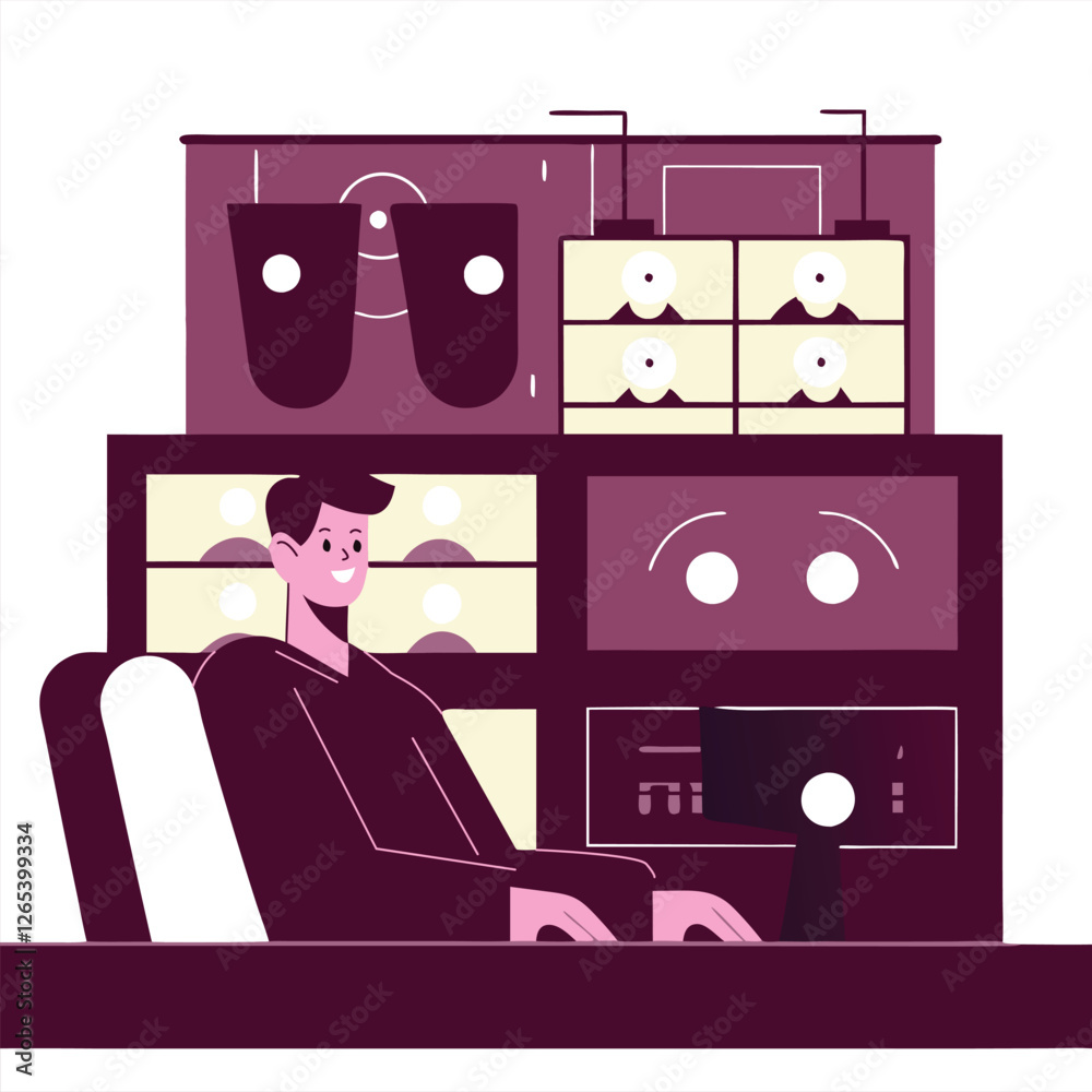 Poster this image features a modern minimalist interior with abstract characters. the setting reflects calm