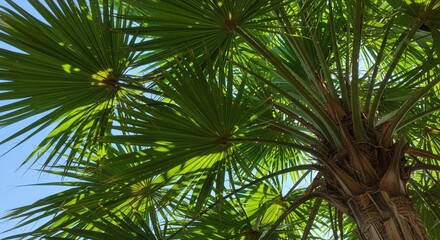 Fototapeta premium Palm Tree with Green Leaves Against Blue Sky on Sunny Day