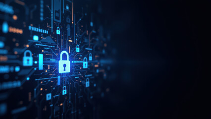 Cybersecurity digital artwork featuring a network with secure locks and encryptions.