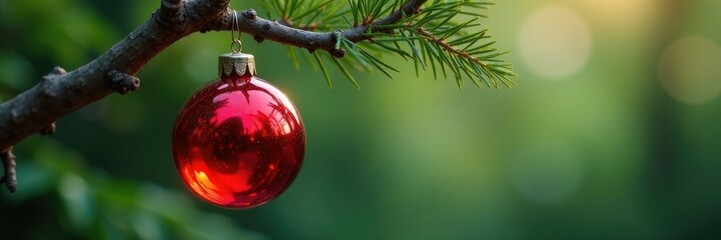 Red glass ball hanging from a twisted tree branch, twigs, evergreen