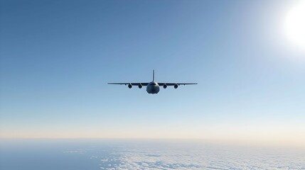 Obraz premium Airplane Flying Above Fluffy White Clouds Under a Bright Blue Sky