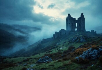 Mysterious Ruins Emerge From the Misty Hills at Dawn in a Tranquil Landscape. Generative AI