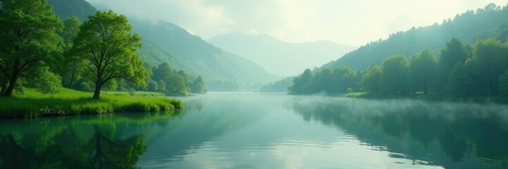 Serene lake with lush greenery and misty morning atmosphere, greenery, water