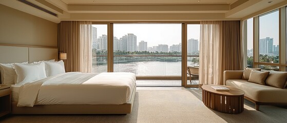 Obraz premium Modern hotel bedroom with river view